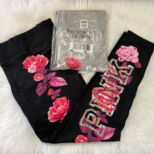 Victoria's Secret PINK Black Leggings w/Pink Floral & Matching Long Sleeve